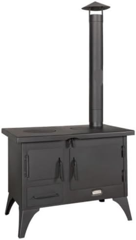 foto del prodotto stufa a legna da giardino da 5 kw per cottura cibi. dotata di forno, fornello, canna fumaria e con coperchio incluso