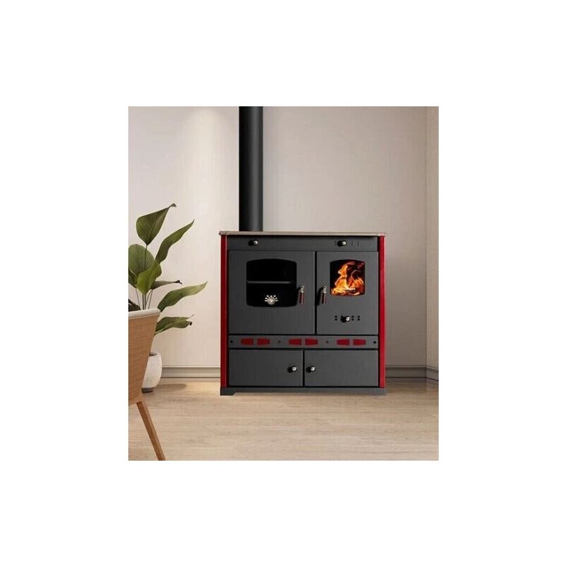 foto del prodotto stufa a legna, piastra superiore in ghisa perfect lux eco canna fumaria sinistra