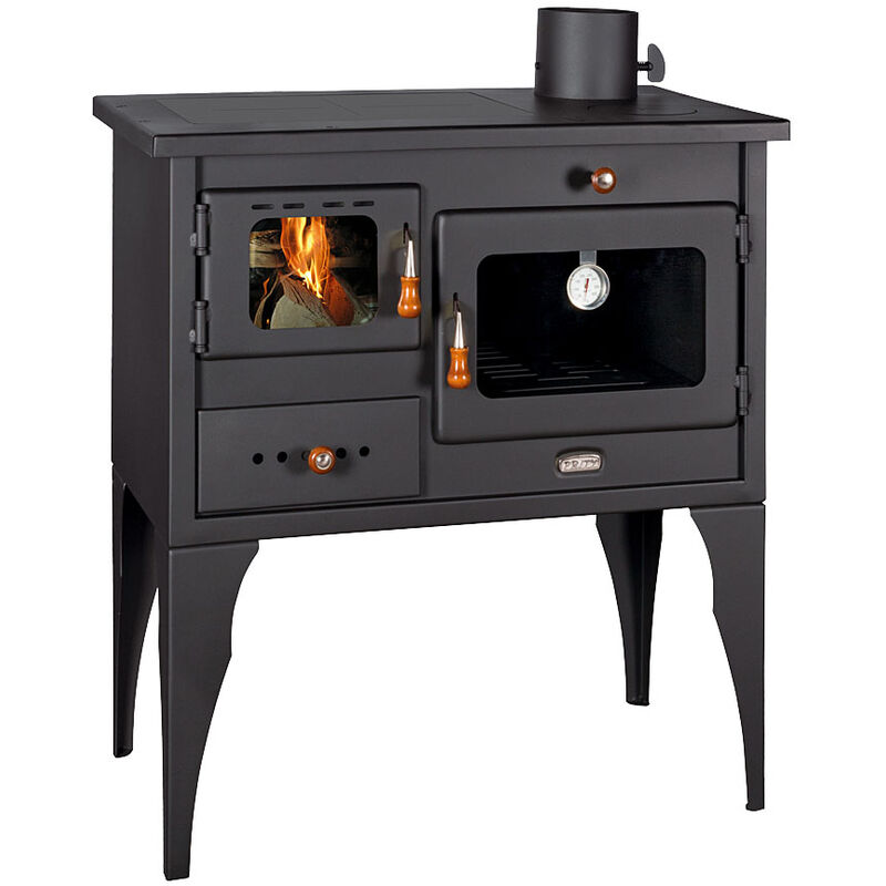 foto del prodotto stufa a legna. potenza termica di 10 kw. stufa a combustibile solido con forno. piastre riscaldanti in ferro. modello prity 1p34l