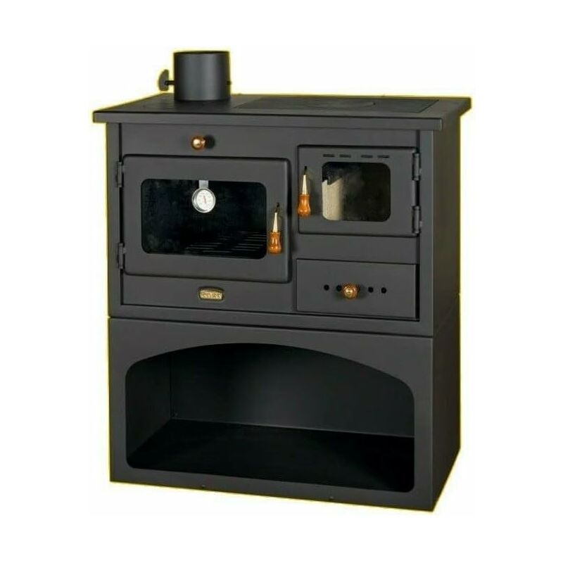 foto del prodotto stufa a legna. potenza termica di 10 kw. stufa a combustibile solido con forno. piastre riscaldanti in ferro. uscita fumo sinistra modello prity
