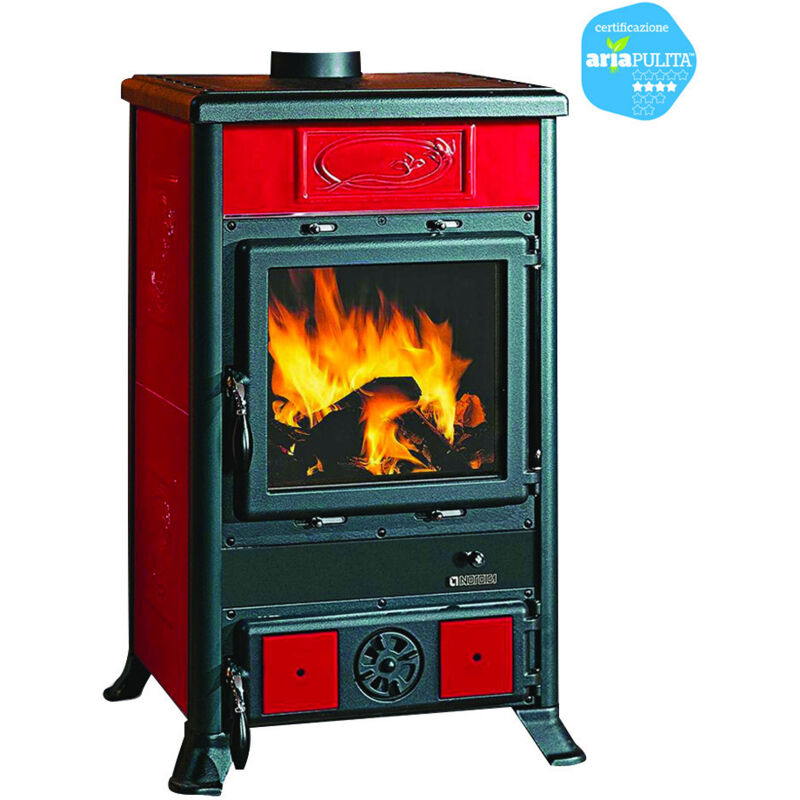 foto del prodotto stufa a legna rossella r1 bii 8,8 kw liberty bordeaux misure cm.57,8x58,6x91,5h. peso kg.155