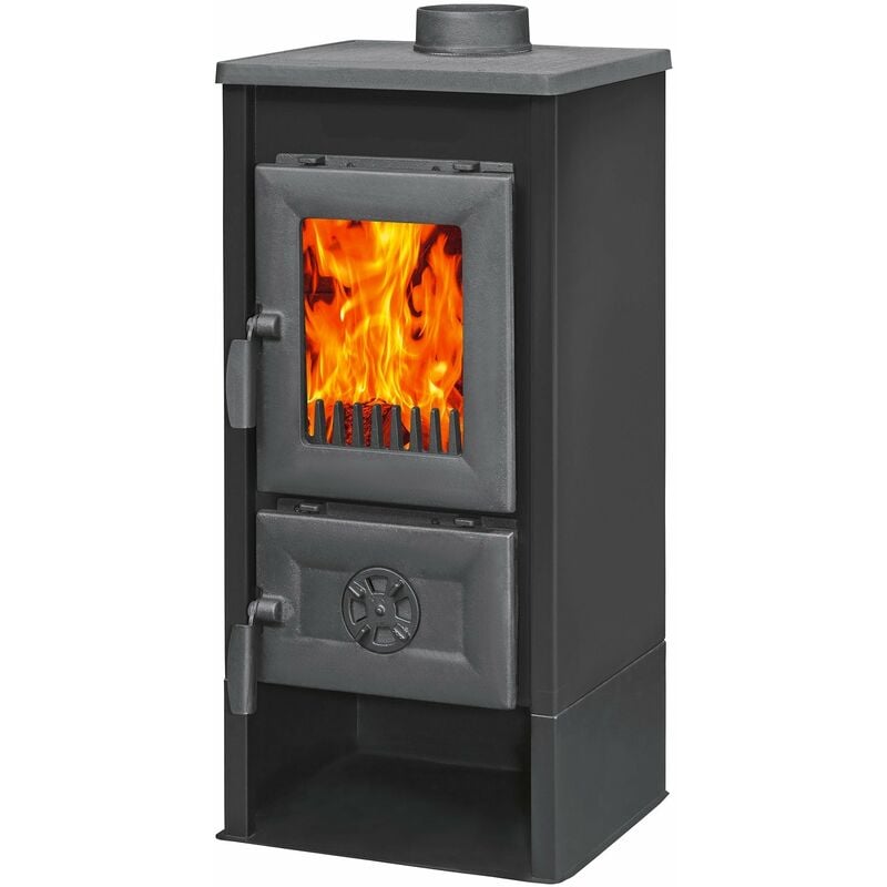foto del prodotto stufa riscaldamento a legna con struttura in acciaio e ripiano in ghisa 7 kw karusel maxi black