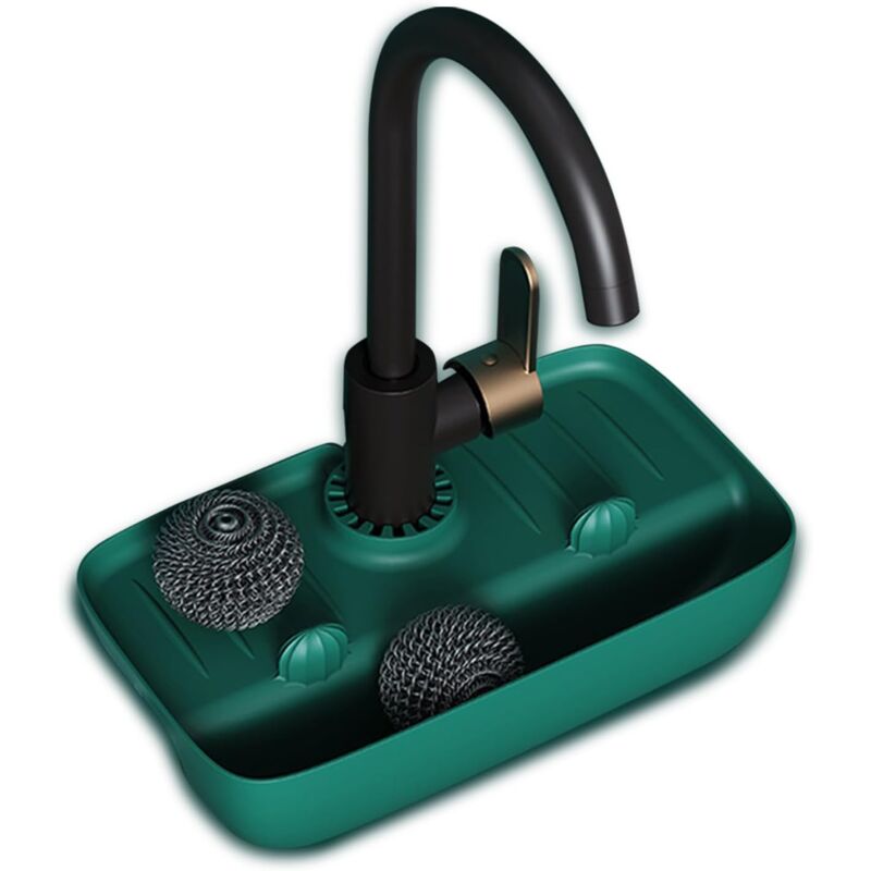 foto del prodotto stuoia di asciugatura in silicone con manico del rubinetto e porta spugna, porta spugna per lavello, stuoia di asciugatura per piani di lavoro di