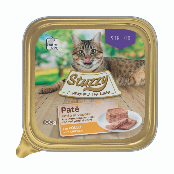 foto del prodotto stuzzy cat patè cotto al vapore per gatti 100 gr - sterilized con pollo - confezione da 32 pezzi - cibo umido per gatti - spedizione gratis da 39€
