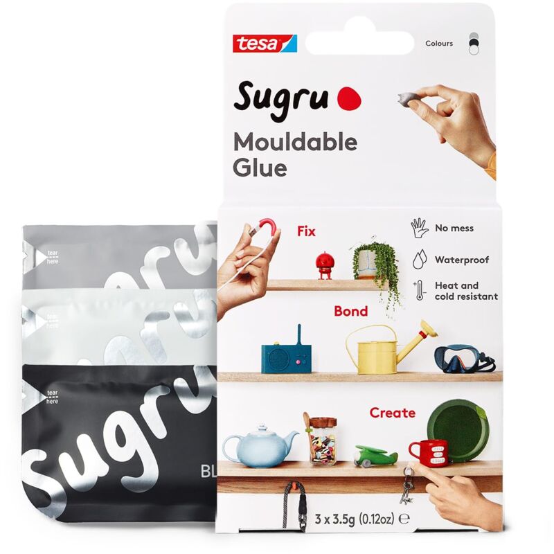 foto del prodotto sugru colla modellabile di tesa, adesivo forte per tutti gli usi, confezione da 3 3 x 3.5 g in nero, bianco e grigio