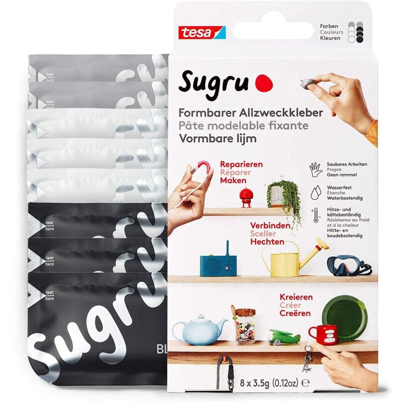 foto del prodotto sugru colla modellabile multiuso, pasta adesiva versatile, per riparare, incollare e fissare senza forature, confezione da 8 x 3.5 g,
