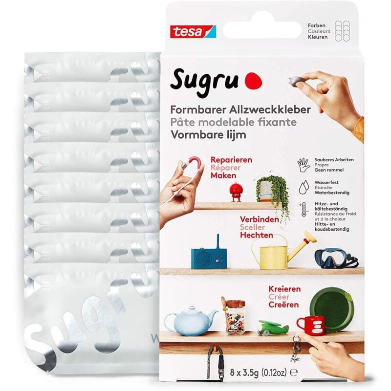 foto del prodotto sugru colla modellabile multiuso, pasta adesiva versatile, per riparare, incollare e fissare senza forature, confezione da 8 x 3.5 g, bianco tesa