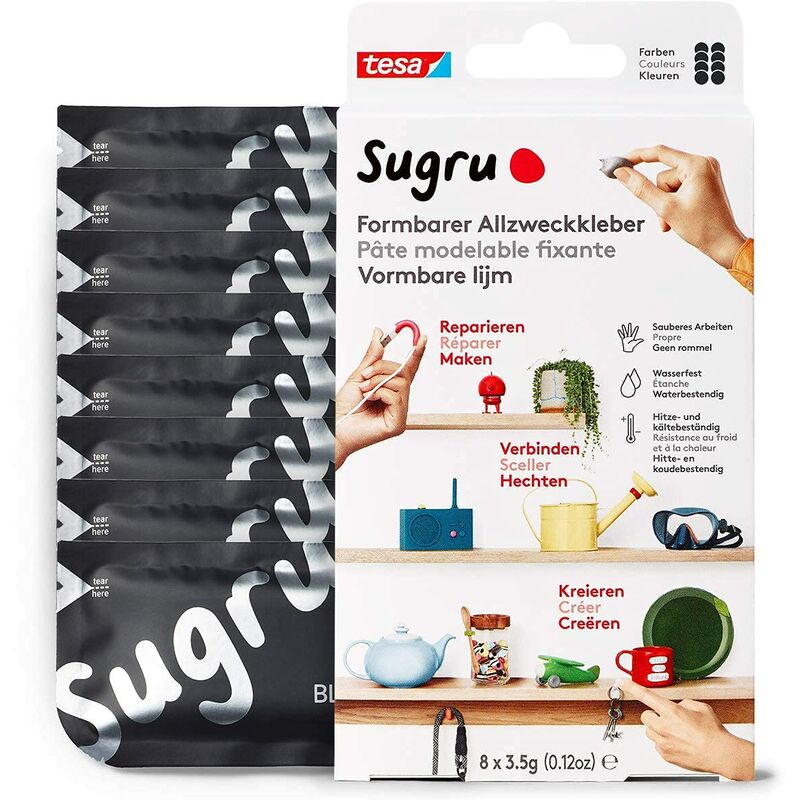 foto del prodotto sugru colla modellabile multiuso, pasta adesiva versatile, per riparare, incollare e fissare senza forature, confezione da 8 x 3.5 g, nero tesa