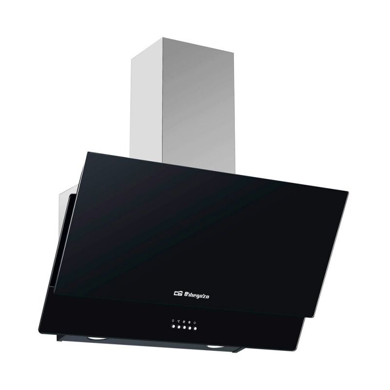 foto del prodotto suinga cappa decorativa in vetro nero orbegozo. classe energetica c. motore 105w. 3 livelli di potenza.