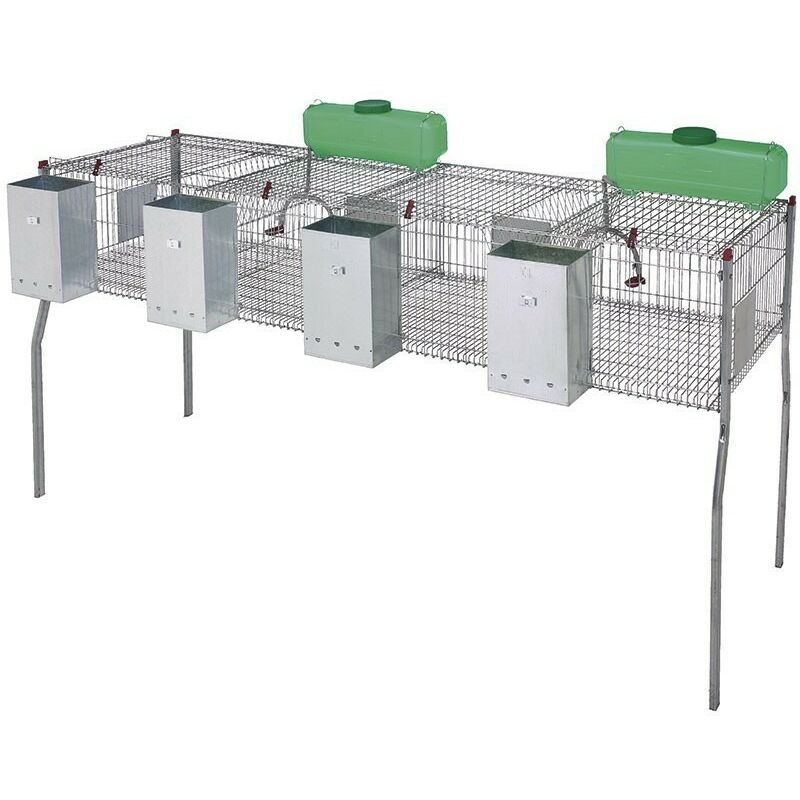 foto del prodotto suinga gabbia per conigli a 4 scomparti con pavimento in metallo 200 x 62 x 99 cm dotata di tramogge e abbeveratoi.