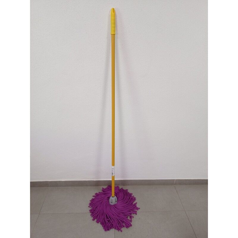 foto del prodotto suinga mocio in microfibra con filo viola bastone giallo 140 cm, filo universale, non graffia il pavimento, pavimenti lisci e non ruv
