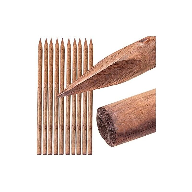 foto del prodotto suinga set di 10 tutore in legno 200 cm, diametro 5 cm. palo in legno tondo con punta, palizzata, picchetto di fissaggio
