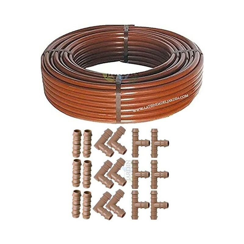 foto del prodotto suinga - tubo gocciolante 16mm 50 metri marrone, senza gocciolatori + 6 tee + 6 gomiti + 6 raccordi