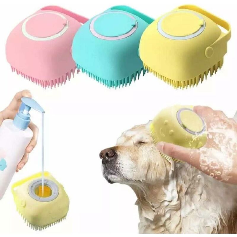 foto del prodotto summer silicone 2 in 1 self cleaner pet beauty spazzola per doccia dispenser per shampoo massaggio spazzola per doccia per cani 3 pezzi blu, rosa,