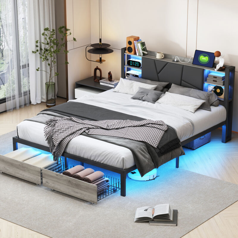 foto del prodotto sunfecili letti con cassetti 140x200,letto matrimoniale contenitore,letti per adulti,letto imbottito,con led e usb regolabili,schienale morbido,
