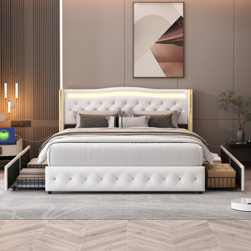 foto del prodotto sunfecili letti con cassetti 160x200,letto matrimoniale contenitore,letti per adulti,letto imbottito, con led, presa funzionale, modello placcato