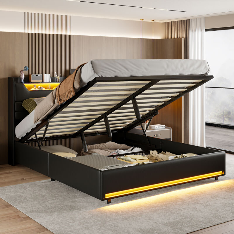 foto del prodotto sunfecili letti contenitori 140x200,letto matrimoniale 140x200,letti per adulti, con rete a doghe, striscia luminosa a led, porta di ricarica usb,