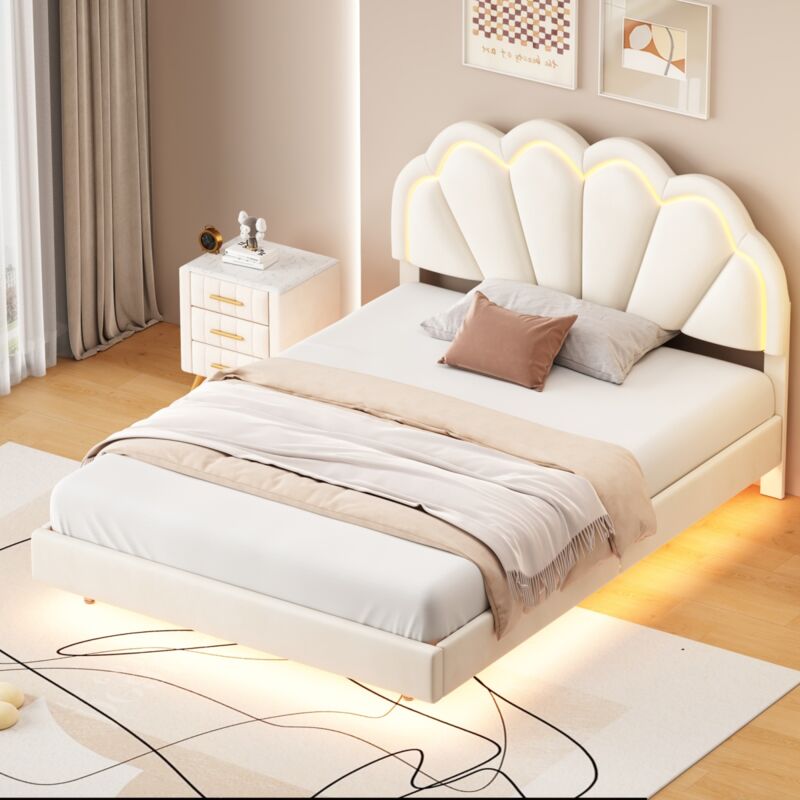 foto del prodotto sunfecili letto matrimoniale 140x200,letti per adulti,letto imbottito, letto per bambina, struttura letto matrimoniale corona bianca in similpelle,