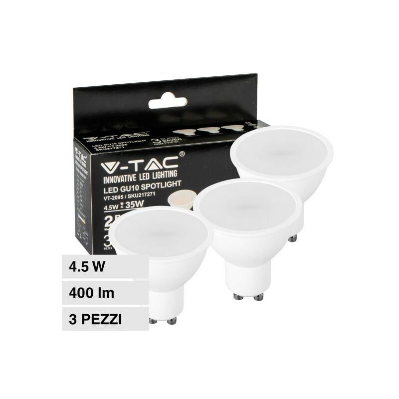 foto del prodotto super saver pack 3x lampadina led gu10 4.5w faretto spotlight smdv tac vt 2095 sku 217269 217270 217271 bianco caldo