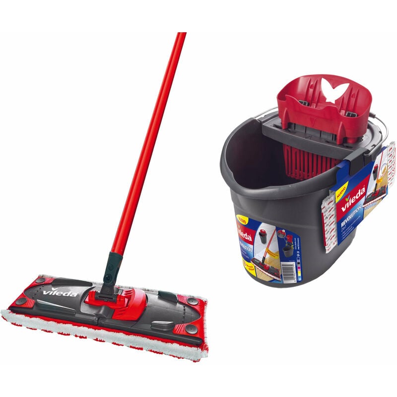 foto del prodotto supermocio revolution completo di secchio con strizzatore e spazzolone con panno microfibra sistema box vileda