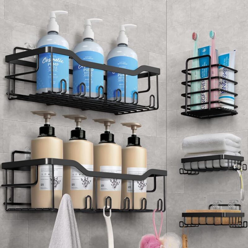 foto del prodotto support de rangement pour salle de bain en fer sans poin onnage, lot de 5 supports de rangement, support de douche noir