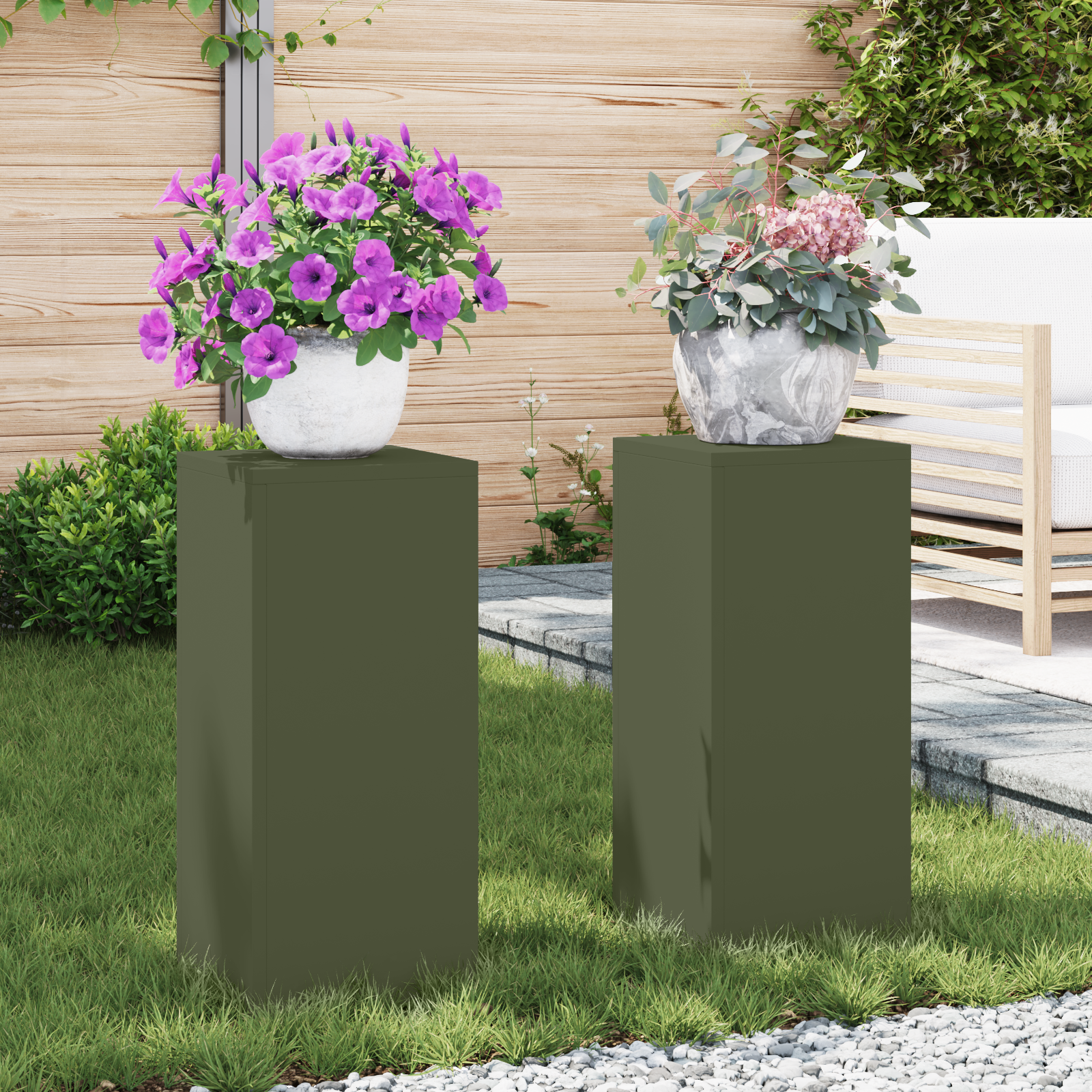 foto del prodotto supporti per piante da esterno pillar 2 pz verde oliva 24x24x55 cm acciaio