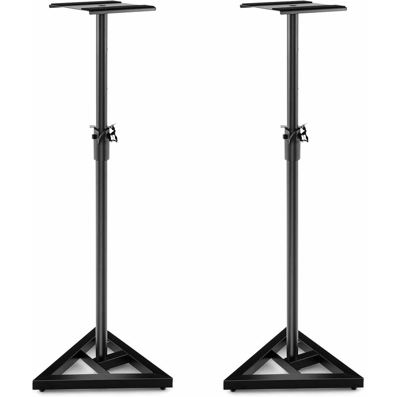foto del prodotto supporti regolabili in metallo per altoparlante da terra, 2 supporti per casse con base triangolare stabile, adesivi antiscivolo, altezza regolabile