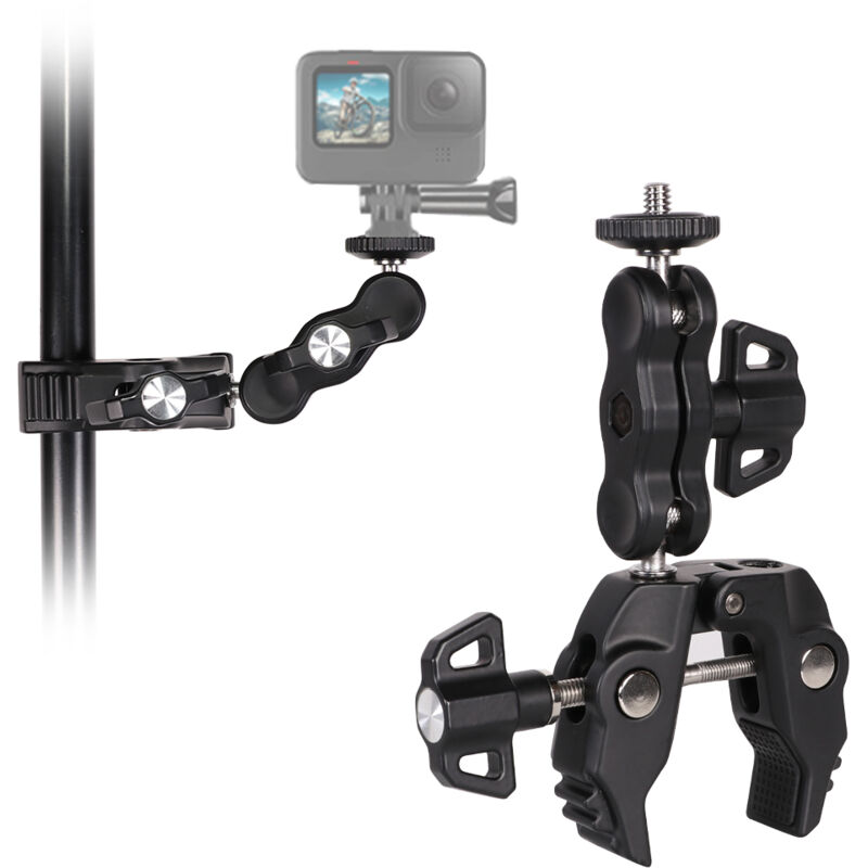 foto del prodotto supporto a morsetto per fotocamera e fotocamera sportiva gopro