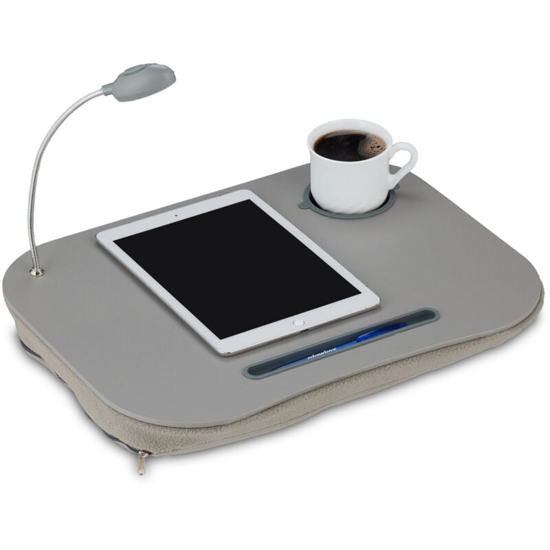 foto del prodotto supporto con cuscinetto, tavolino per computer, poggia pc, cuscino imbottito, luce led, grigio relaxdays