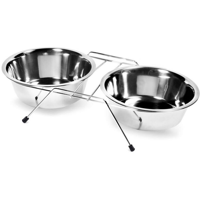 foto del prodotto supporto con due ciotole in acciaio inox per cani e gatti per ciotole diametro 13 cm