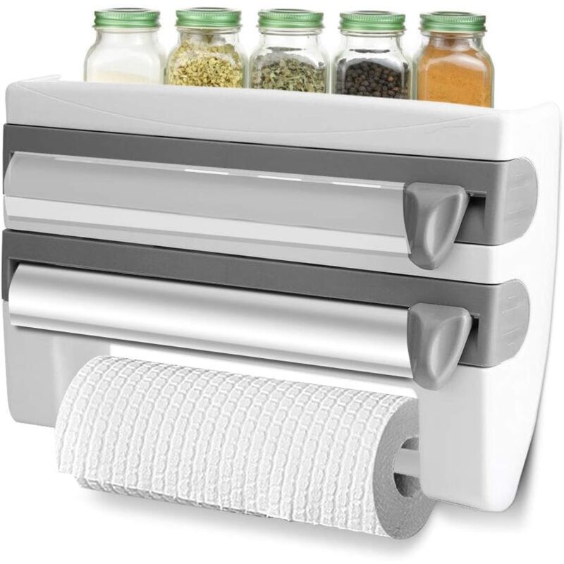 foto del prodotto supporto da parete per pellicola trasparente, dispenser da taglio, taglierina per pellicola con area di stoccaggio, dispenser da taglio a 3