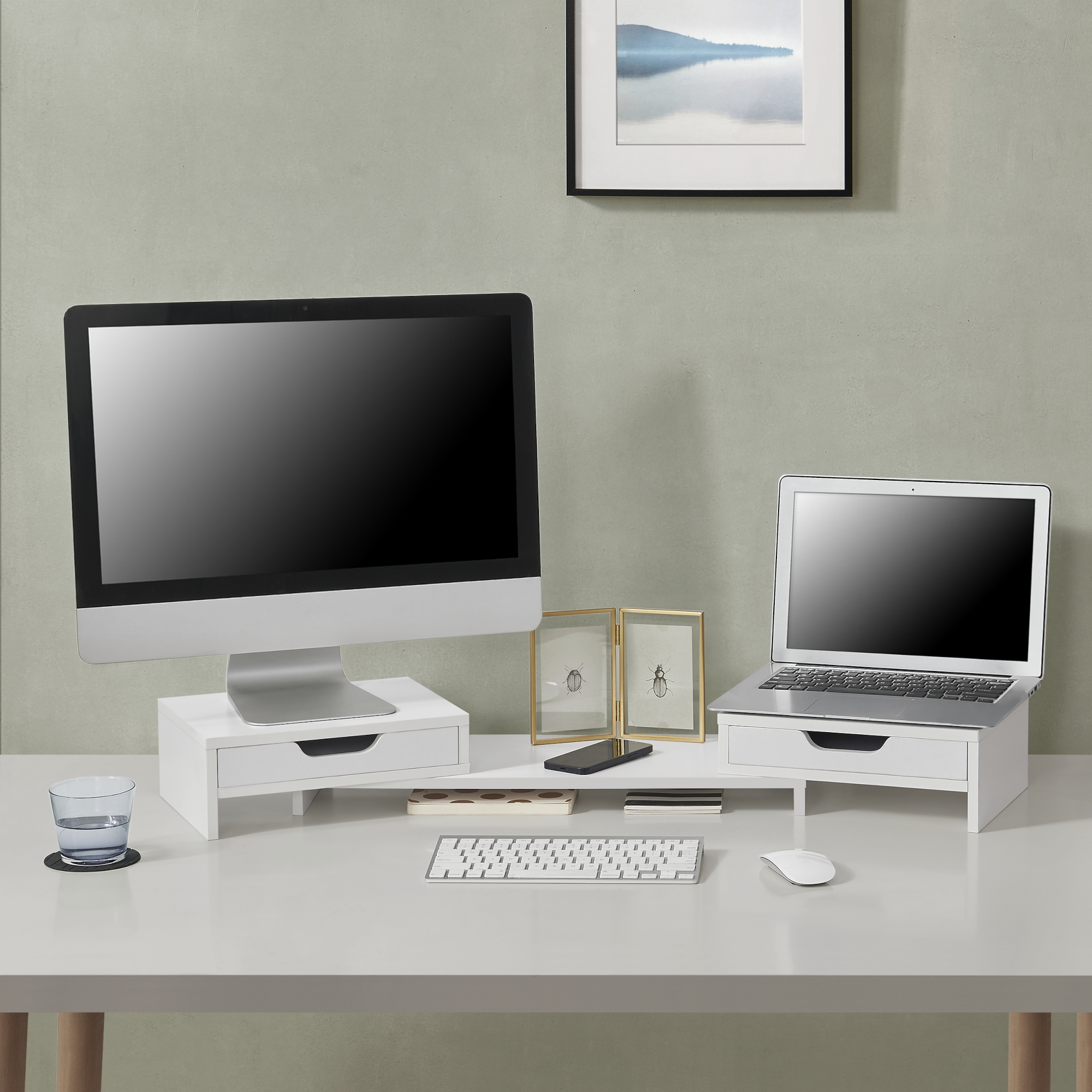 foto del prodotto supporto di rialzo monitor 39 marttila 39 stand per 2 schermi base con cassetti bianco en.casa 