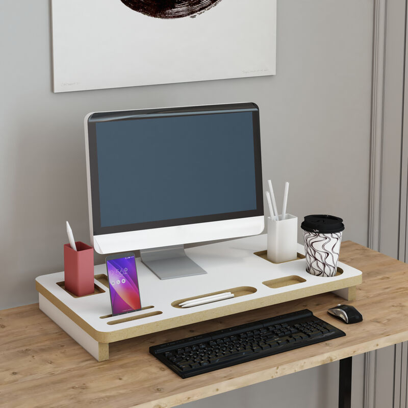 foto del prodotto supporto di rialzo monitor tjele base per schermi da scrivania bianco effetto legno en.casa 
