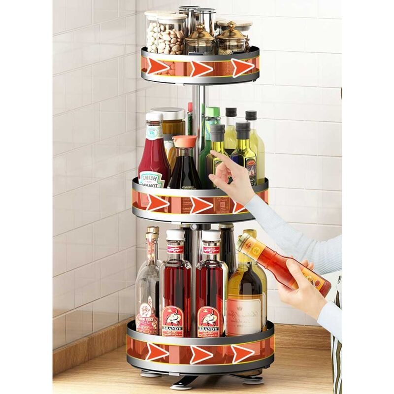 foto del prodotto supporto dispenser contenitore porta spezie in metallo 3 ripiani girevoli rotondi