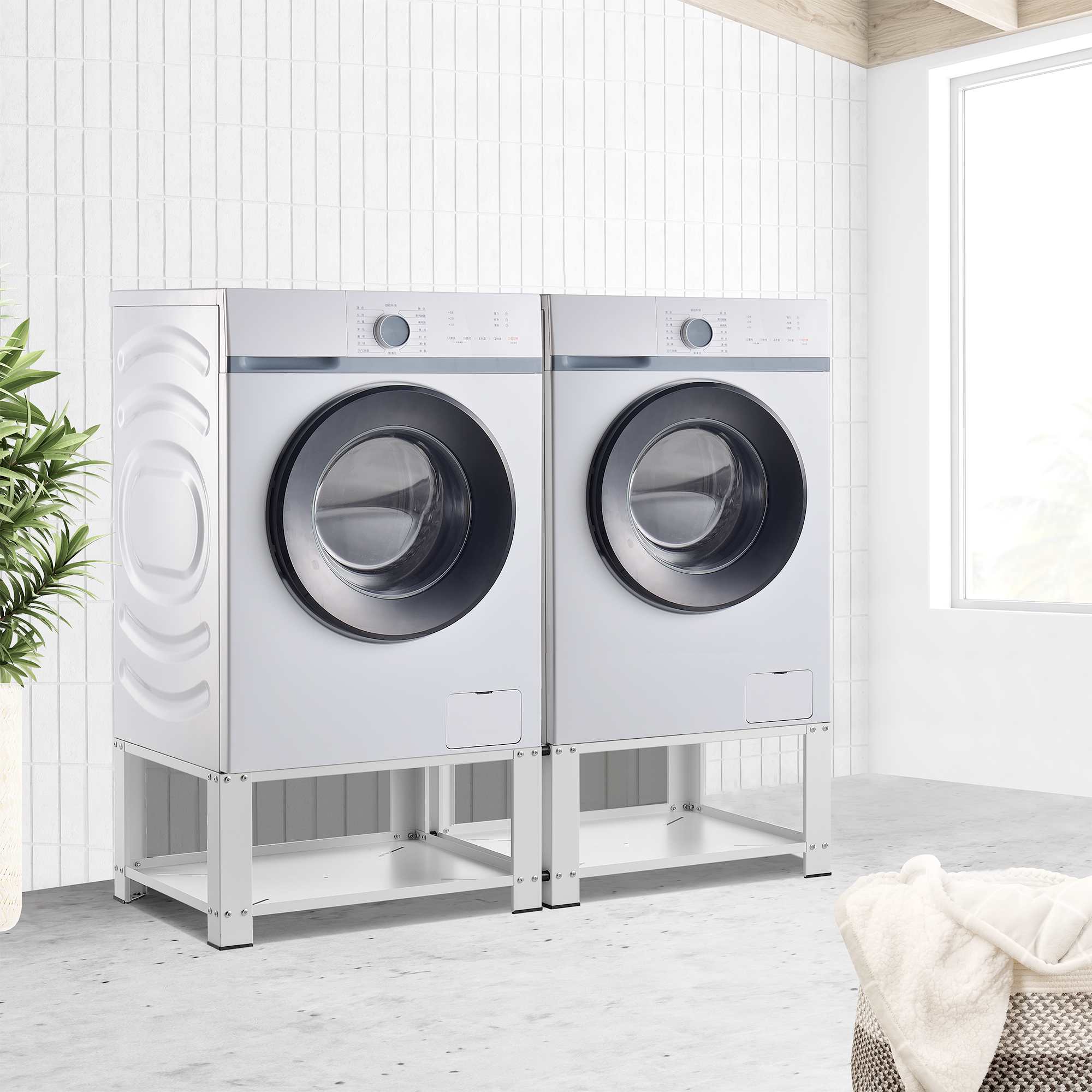 foto del prodotto supporto doppio 39 cremlingen 39 con ripiano per lavatrici standard acciaio bianco en.casa 
