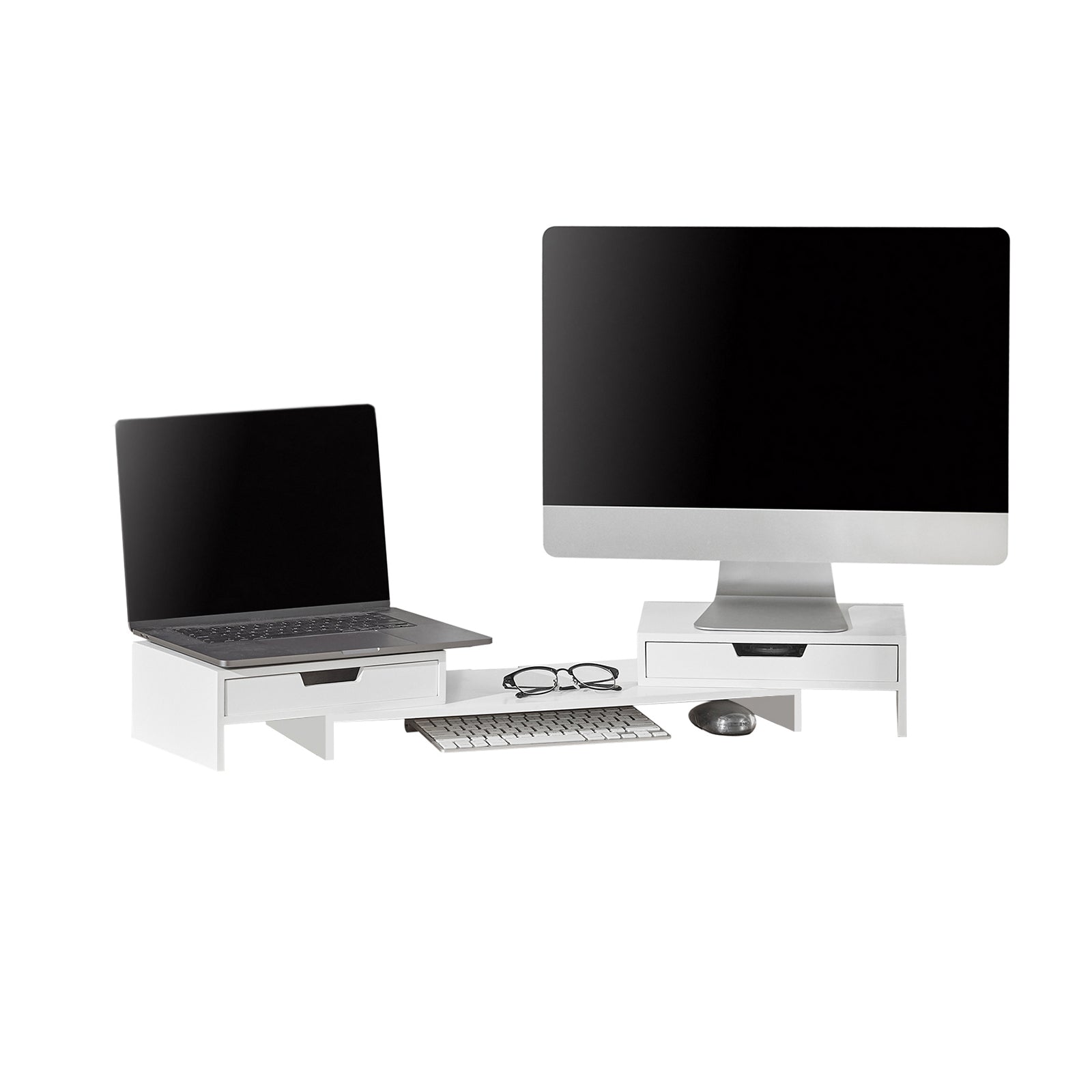 foto del prodotto supporto monitor pc da scrivania per 2 monitors angoli girevole con 2 organizzatore cassetti supporto per monitor di bamb bianco bbf04 w