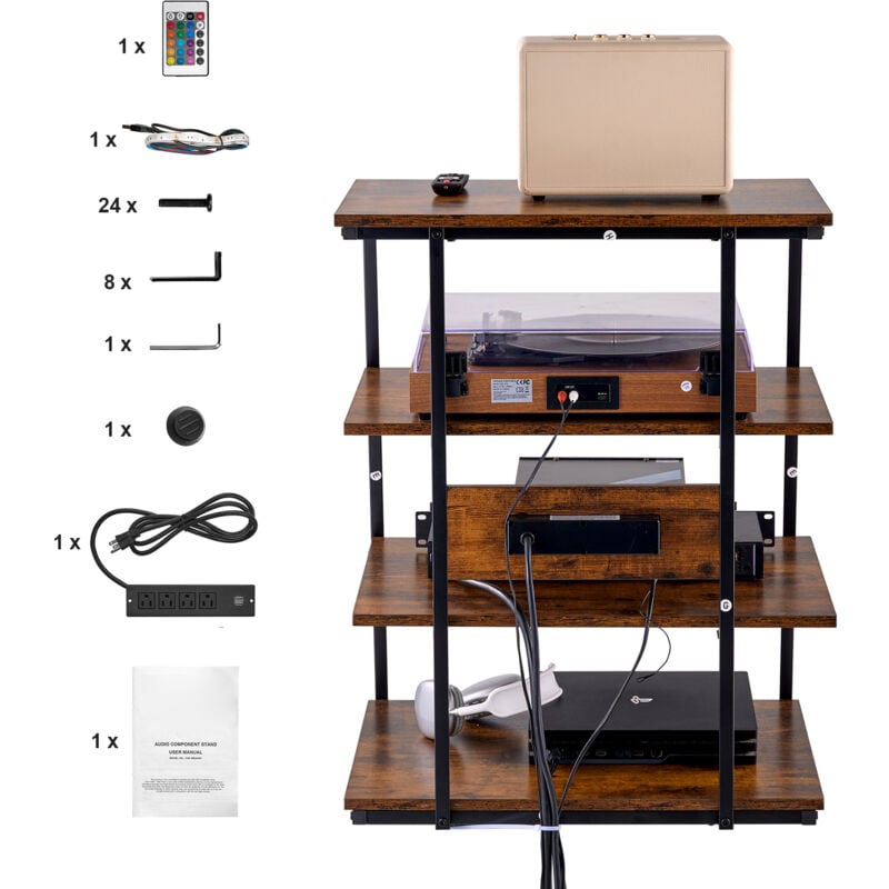 foto del prodotto supporto multimediale av a 4 ripiani con prese multiple, supporto tv angolare con luci a led, ripiani in legno regolabili in altezza per lettori dvd,