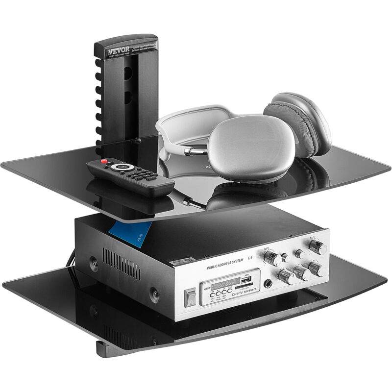 foto del prodotto supporto multimediale scaffale galleggiante per proiettore con 2 ripiani,mensola a parete multimediale,supporto a parete per audio,rack di stoccaggio