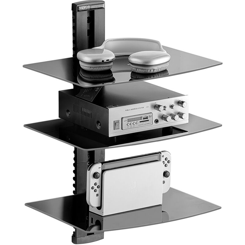foto del prodotto supporto multimediale scaffale galleggiante per proiettore con 3 ripiani,mensola a parete multimediale,supporto a parete per audio,rack di stoccaggio