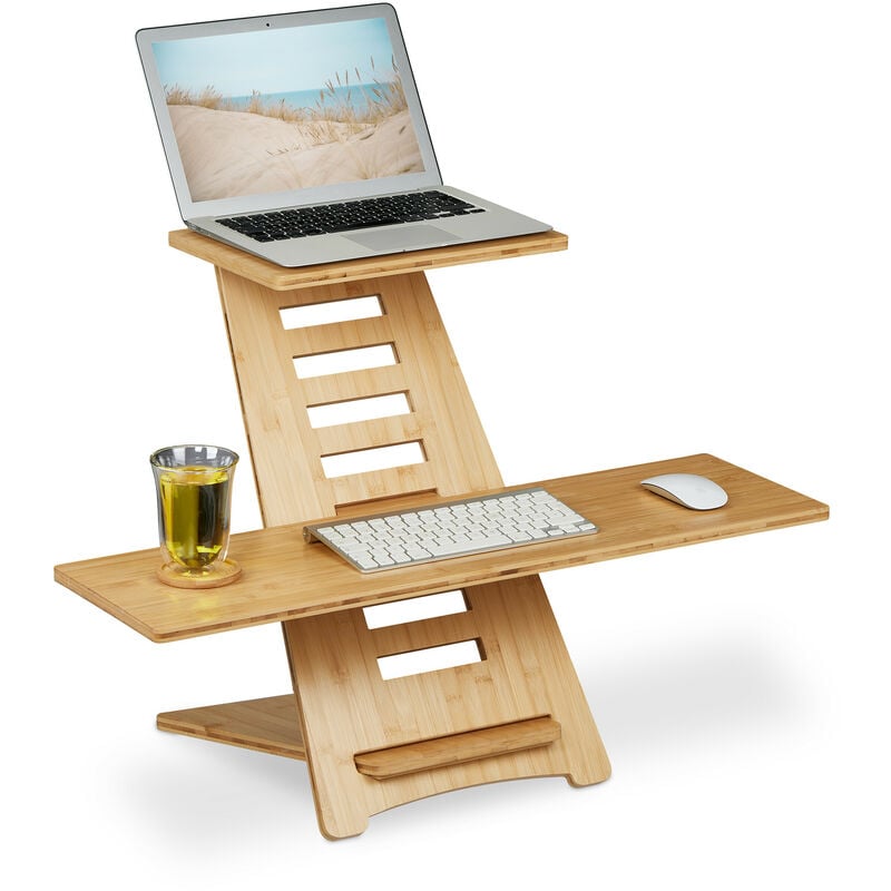 foto del prodotto supporto pc per la scrivania, ausilio per lavorare in piedi, leggio laptop, 2 ripiani, regolabile, naturale relaxdays