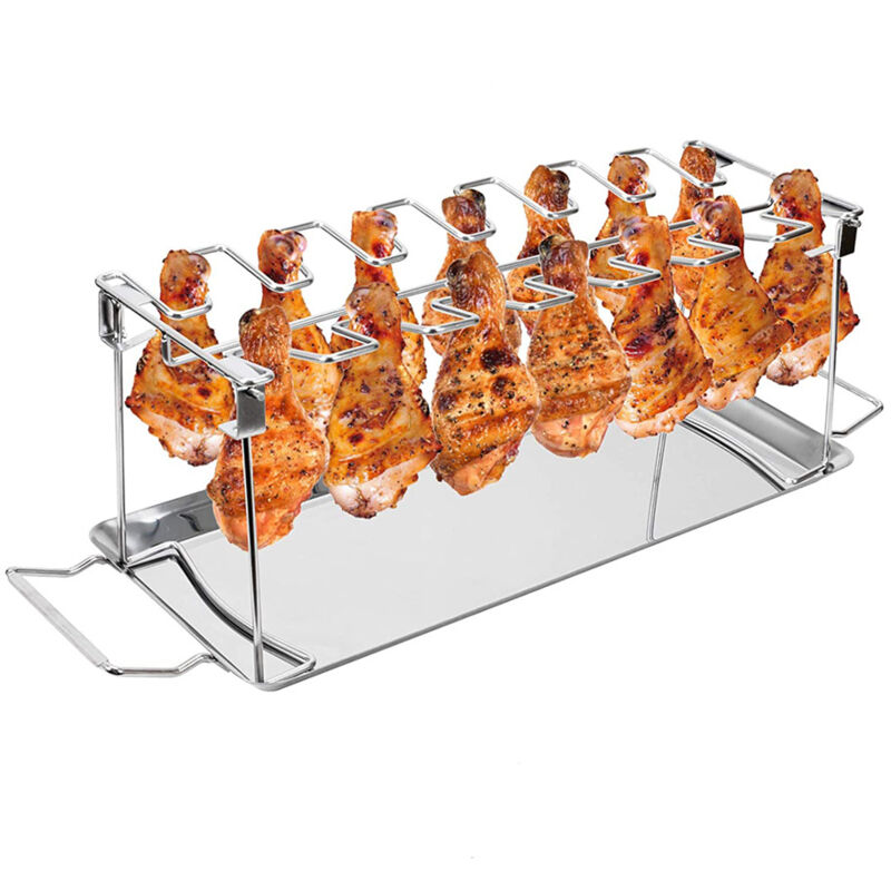 foto del prodotto supporto per cosce e ali di pollo, griglia in acciaio inox con vassoio, adatta per affumicatore o forno, lavabile in lavastoviglie, antiaderente,
