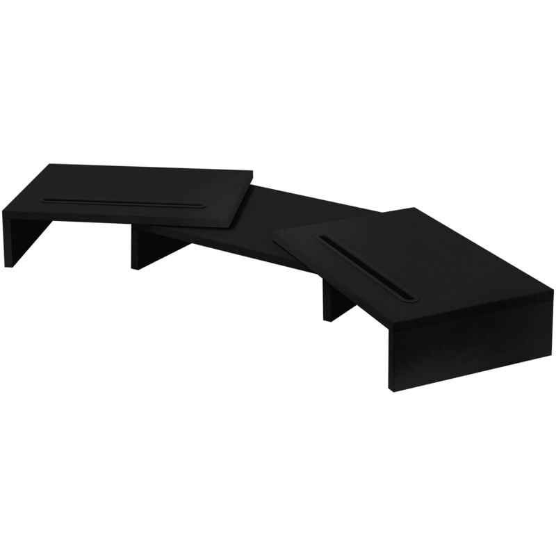 foto del prodotto supporto per doppio monitor con 3 piani in legno nero stand elevato con rotazione per schermi computer pc laptop portatile con scomparti per telefono