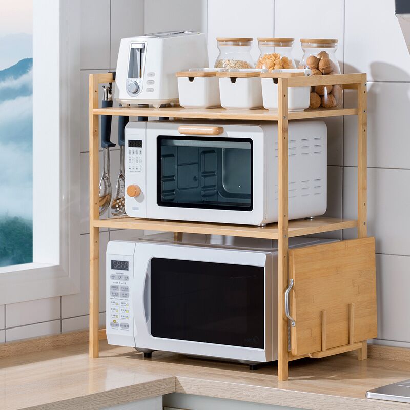 foto del prodotto supporto per forno a microonde, con 3 ripiani, 4 ganci ,mensola microonde, organizzatore per cucina, 523765 cm