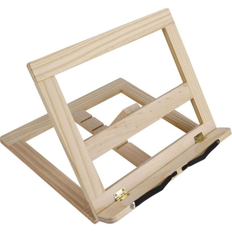 foto del prodotto supporto per libro di ricette di cucina, supporto per libri con 2 portapagine in metallo, supporto per libri e tablet in legno pieghevole e