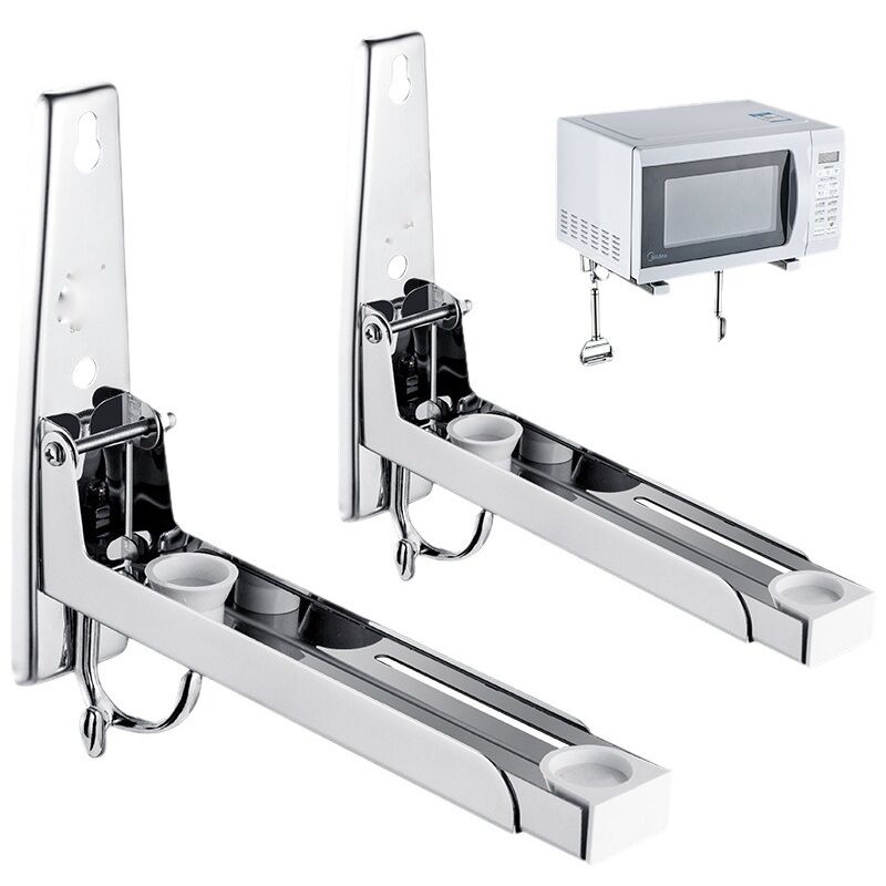 foto del prodotto supporto per microonde in acciaio inox 304, 2 pezzi, supporto per microonde con braccio estensibile, con 2 ganci, mensola per microonde da parete,