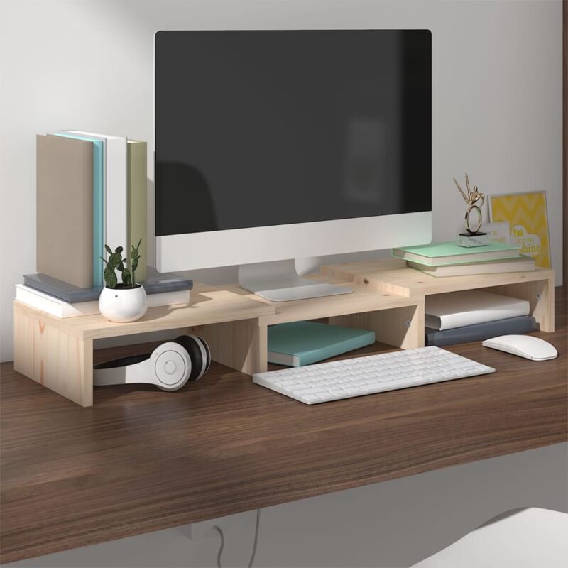 foto del prodotto supporto per monitor 60x24x10cm in legno con 3 scomparti aperti vari colori colore marrone chiaro