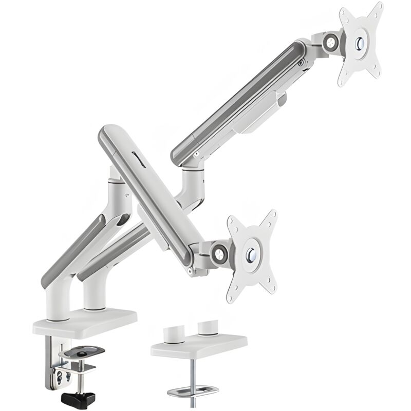 foto del prodotto supporto per monitor a doppia molla, braccio doppio, molla a gas, bianco argento, hdwr solidhand fs02