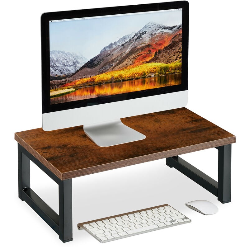 foto del prodotto supporto per monitor, alza schermo pc per scrivania, hxlxp 15 x 40 x 23 cm, design industriale, marrone nero relaxdays
