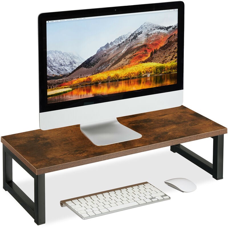 foto del prodotto supporto per monitor, alza schermo pc per scrivania, hxlxp 15 x 55 x 23 cm, design industriale, marrone nero relaxdays