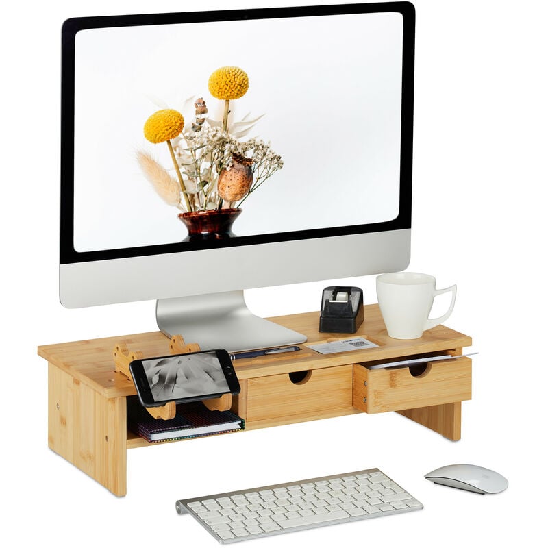 foto del prodotto supporto per monitor, rialzo per schermo pc, scomparto porta cellulare e 2 cassetti, 14x54x23 cm, naturale relaxdays